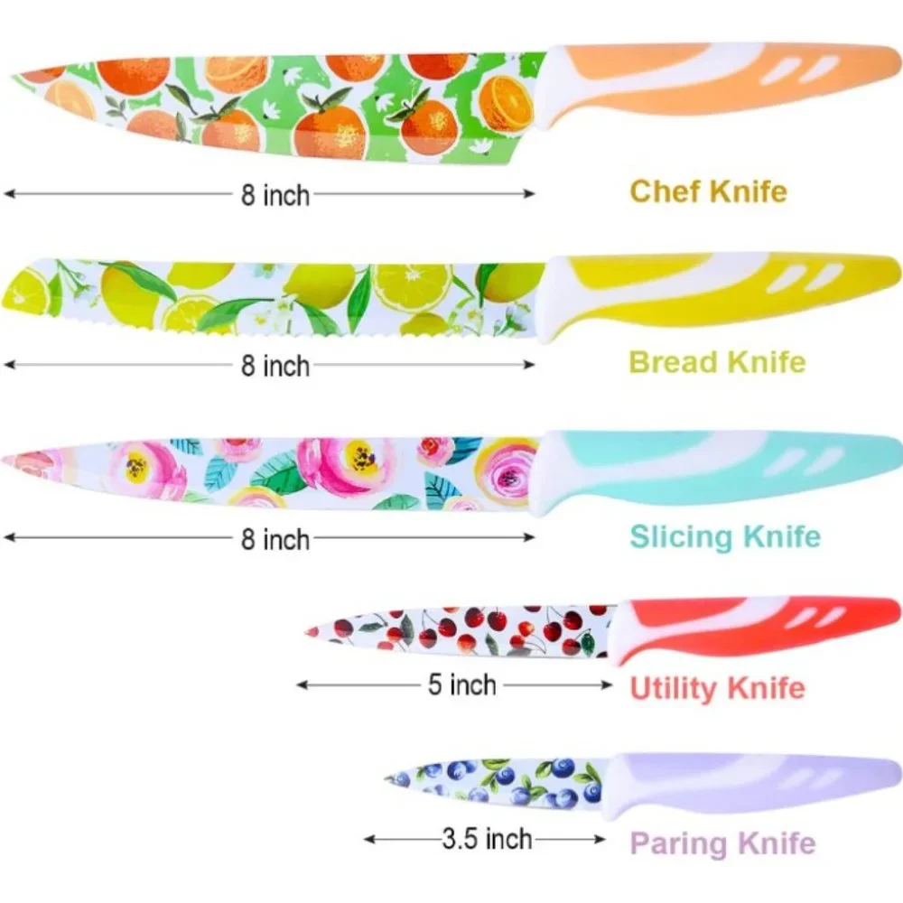 10 pc - Multicolored Fruit Kitchen Knife Set - Nonstick w/ 5 Blade Guards